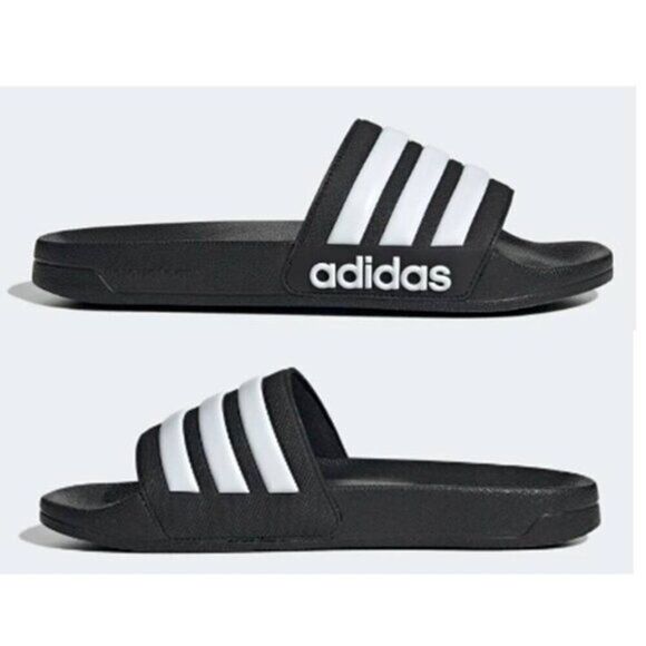 Adidas Men's Logo Adilette Black Lighweight Slides 3 Stripes - Picture 3 of 4